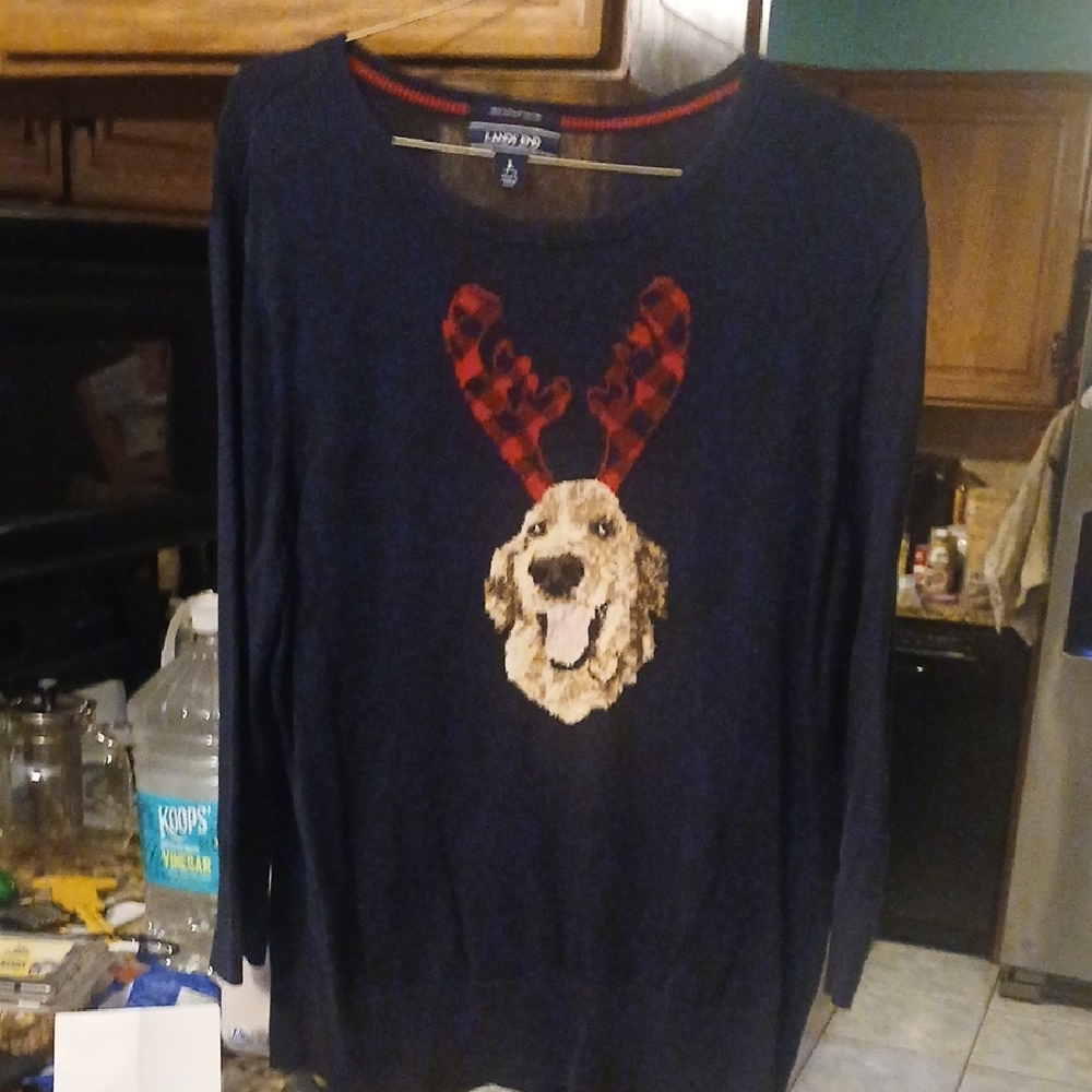 Lands' End Navy Sweater with Plaid Antler Pup Graphic #3